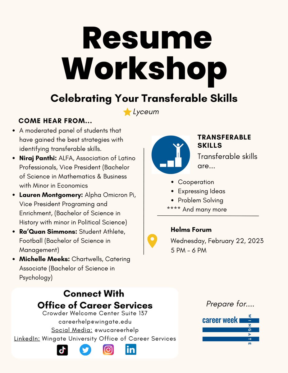 wucareerhelp's tweet photo. HAPPENING TODAY!! Come celebrate your transferable skills with student panelist Niraj Panthi, Lauren Montgomery, Ra'Quan Simmons, and Michelle Meeks. Come to Helms Forum TONIGHT 5-6pm for lyceum credit! https://t.co/e7UROJnfjB