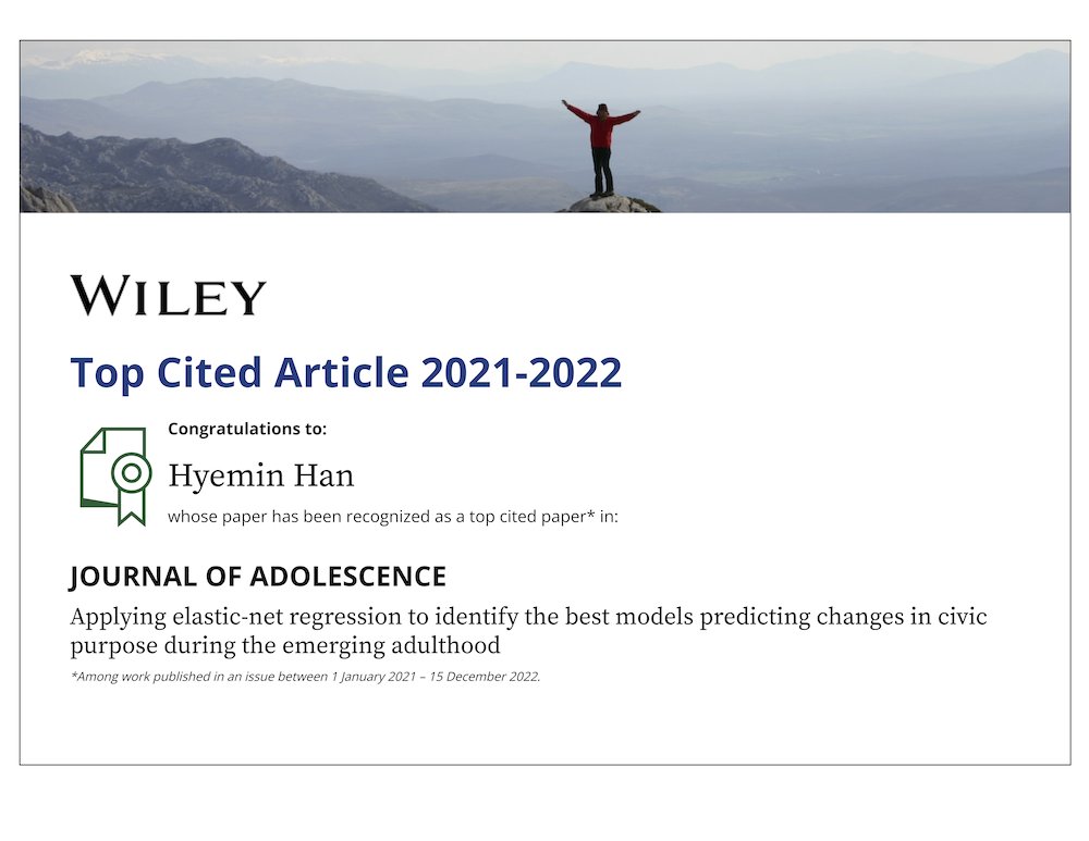 xxelloss's tweet photo. My paper on prediction of civic purpose development during emerging adulthood with elastic-net regression, a method in data science, was selected as a top cited paper @AdolescenceJ https://t.co/8Hud5wJyZy preprint @PsyArXiv https://t.co/uCHrSSsMeS @UAESPRMC @UA_EDU_ https://t.co/UaWzolPPqf