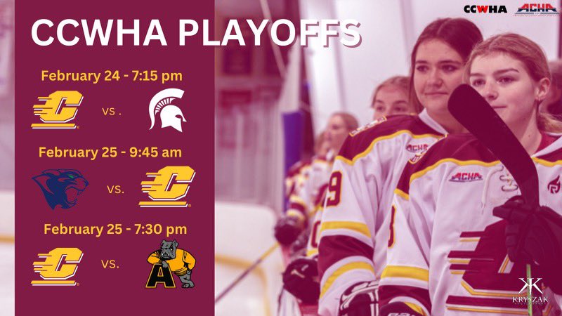 Cmuwclubhockey's tweet photo. Your Chippewas are heading to CCWHA Playoffs this weekend!!
#FireUpChips #ChippewaNation #Playoffs #CCWHA #ACHAD2 https://t.co/rHEsjSppAY