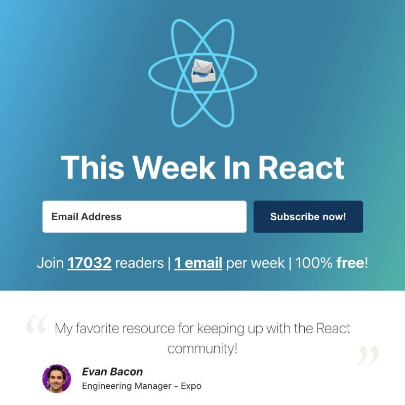 🧵 This Week In React

👉 React+Signals? 
👉 Sandpack/NodeBox
👉 Documentary bonus
👉 PRs: Server References, Suspense+CPU
👉 TanStack Start
👉 Next.js Route Handlers
👉 Hydrogen
👉 Remix+Tailwind
👉 Storybook+TS
👉 Expo 48 

...more by ✉️
🔗 thisweekinreact.com/newsletter/135

Preview 👇