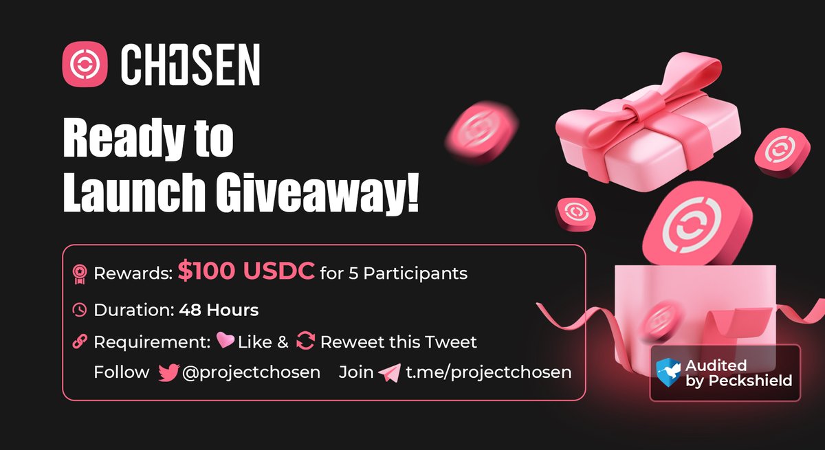 🔈dApp ready to be launched - #Giveaway

🎁Prize: 100 $USDC for 5 Participants🏹 (💙,🧡)

✅To enter:

1⃣Follow <a href="/ProjectChosen/">CHOSEN ∞</a>
2⃣Join TG t.me/projectchosen
3⃣❤ and RT this post
⏰48Hrs

#Arbitrum #Airdrop #Vote2Earn