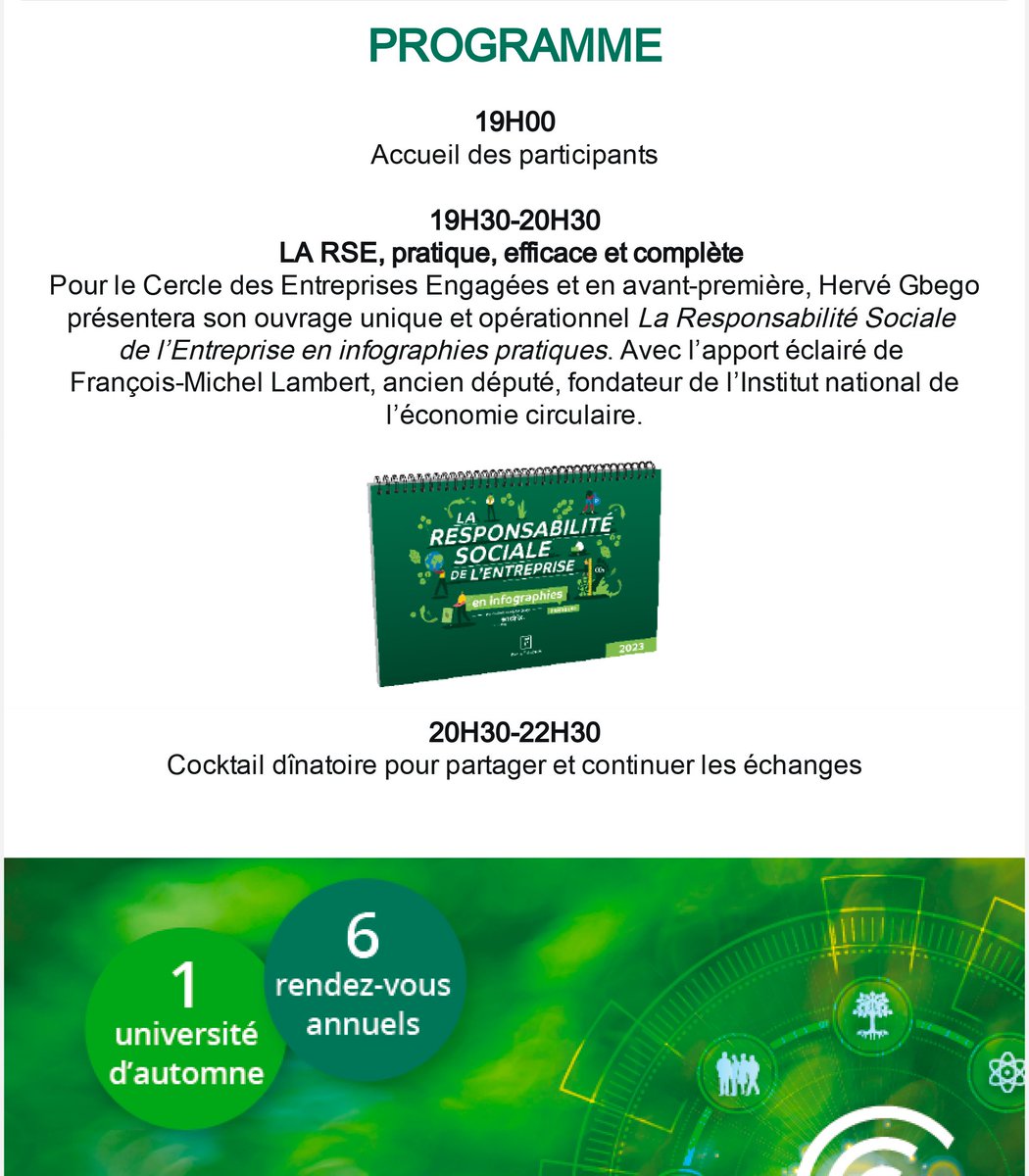CONFERENCE #RSE 
Participez au Cercle des #entreprises engagées qui aura lieu le 14 mars dès 19h au Paris Trocadéro.
Venez rencontrer Herve Gbego, qui présentera son ouvrage « La RSE en infographies pratiques » et François-Michel Lambert.
Inscription sur cdee.fr
