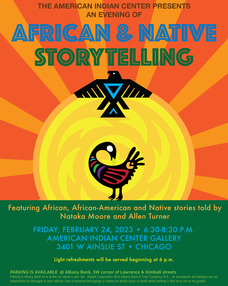 Join us for an evening of #African, #AfricanAmerican, and #Native #Storytellling! 

More info at: shorturl.at/jkRZ0

#BlackHistoryMonth #NativeAmerican #Chicago