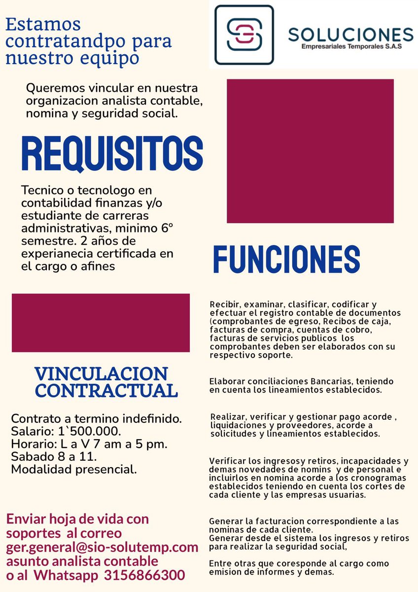 SSolutemp's tweet photo. Estamos contratando #analistacontable #trabajobogota #empleobogota #trabajeconnosotros #OportunidadLaboral https://t.co/vVL16rpvML
