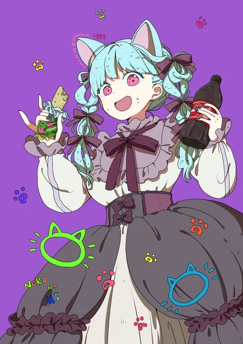 きれいなお洋服を着てても ジャンクフードはやめられないにゃ～  #Illustration #イラスト #猫の日2023