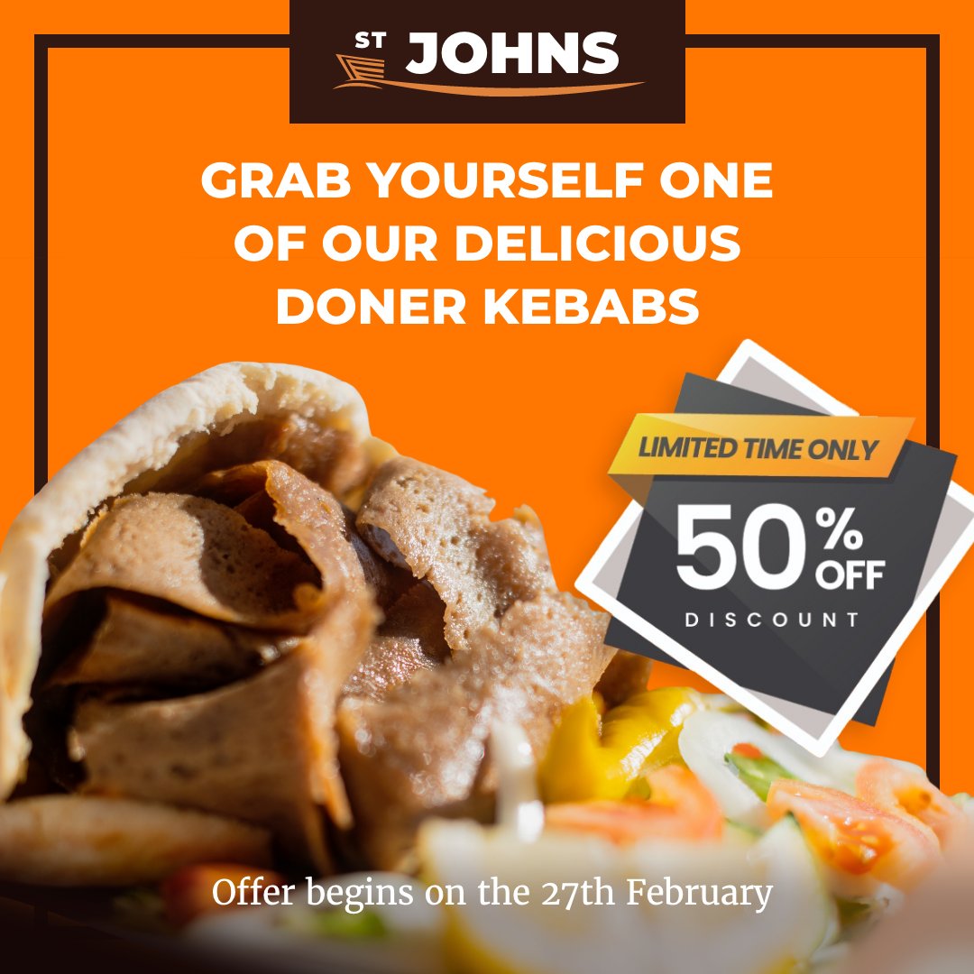 Who doesn’t love a juicy, authentic kebab? 🤤

For a limited time only all of our doner kebabs will be HALF PRICE! 

Our tasty offer starts from 27th February, so now is the time to start thinking about which Doner kebab variety you’ll order? 🤔

stjohns-fishbar.co.uk/wp-content/upl…