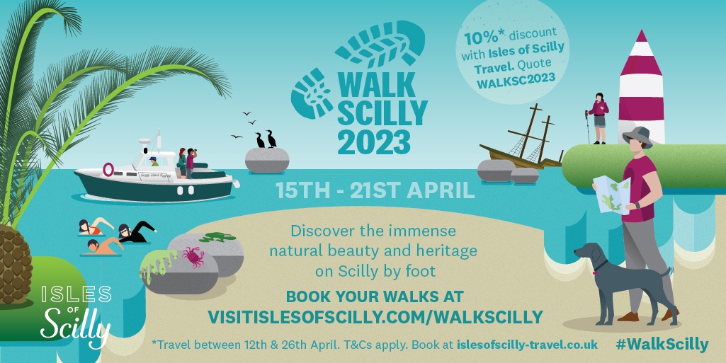 visitIOS's tweet photo. The much-loved festival ‘Walk Scilly’ returns this April. Headlined with @raynor_winn book talk about her journey along the South West Coastal Path, seaweed pressing workshop with @molesworthandbird and much more! Book tickets here https://t.co/f1vd5x5pak
#walkscilly #Scilly https://t.co/51XjB7LFiE