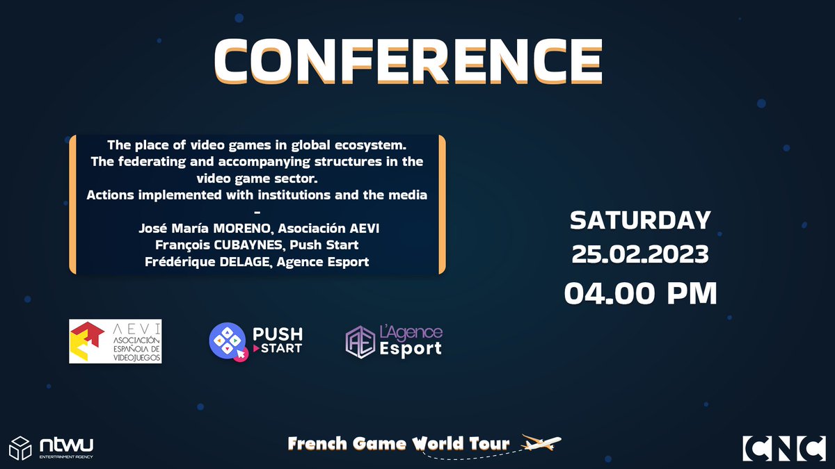 French Game World Tour #FGWT23 (@fgwt_) on Twitter photo Don't miss the first #FGWT conference on building a stronger video game industry! 🤩
Experts from <a href="/videojuegosAEVI/">AEVI</a>, <a href="/PushStartGame/">Push Start</a>, and <a href="/lagenceesport/">L'Agence Esport</a> will discuss actions taken with institutions and media to support and promote the industry.
👉 Sat 25th at 4:00pm! 🎮 Don't miss the first #FGWT conference on building a stronger video game industry! 🤩
Experts from <a href="/videojuegosAEVI/">AEVI</a>, <a href="/PushStartGame/">Push Start</a>, and <a href="/lagenceesport/">L'Agence Esport</a> will discuss actions taken with institutions and media to support and promote the industry.
👉 Sat 25th at 4:00pm! 🎮