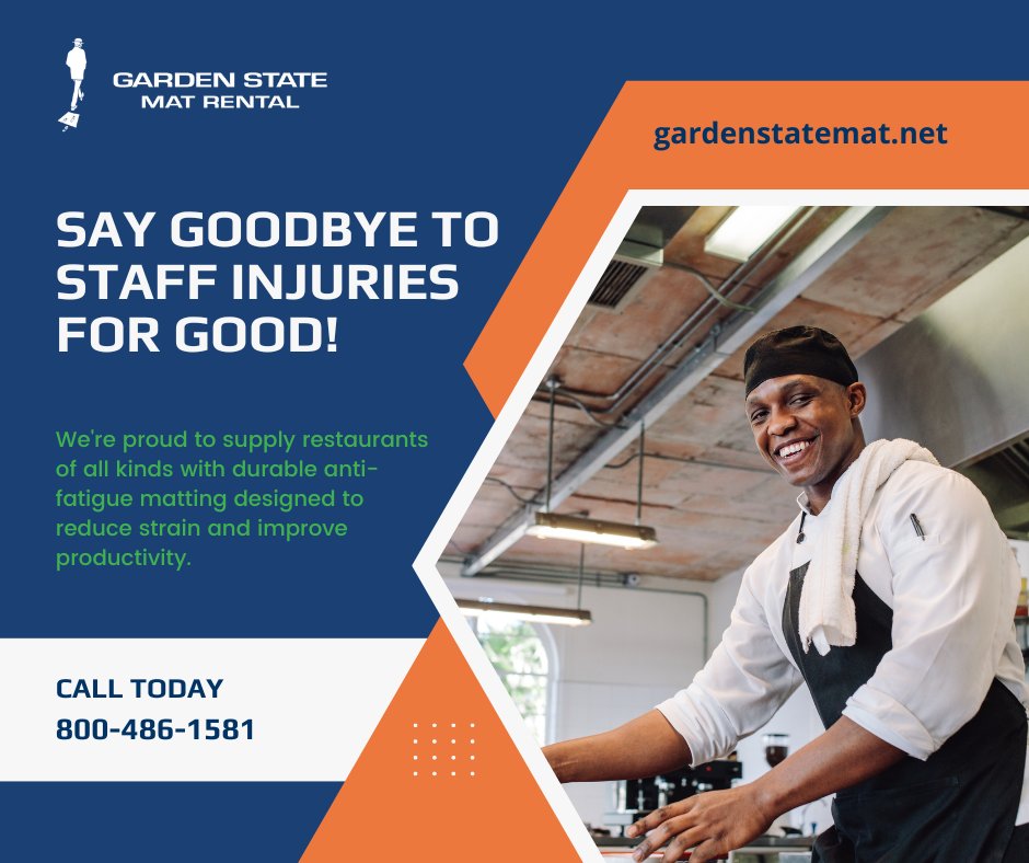 GardenStateMat's tweet photo. Say goodbye to staff injuries at your #restaurant with our high-quality kitchen mat rentals! We supply food and beverage professionals across New Jersey, Pennsylvania and Delaware with durable anti-fatigue matting. Call today for your #FreeQuote! https://t.co/2l3tBeJWU2 https://t.co/G5taVaXCgO