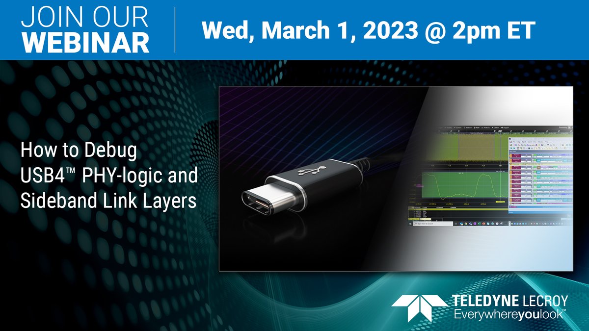 TeledyneLecroy's tweet image. March 1 join us to learn practical methods for uncovering compliance and interoperability issues using an #oscilloscope and a #protocolanalyzer. Sign Up Now: lcry.us/3XNiGUE
#usb4 #usb #teledynelecroy
