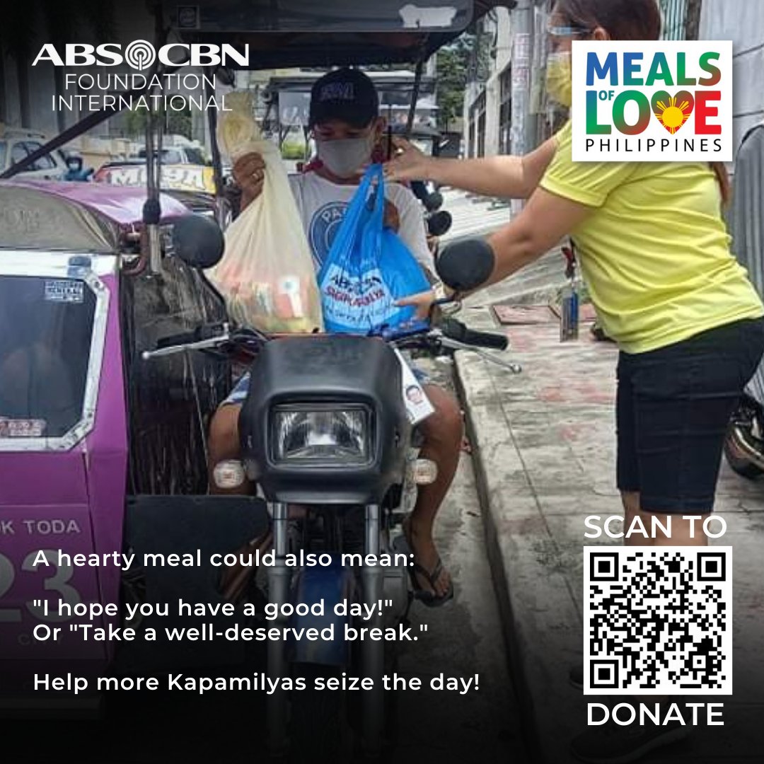 ABSCBNFI's tweet photo. Food is a great way to express that you care. It is a lifeline for the day, and gives hope for brighter days ahead.
Greet our fellow Kapamilyas with "have a good day" and "you deserve a break" with Meals of Love.
#endhunger #MealsofLove #ABSCBNFoundationInternational https://t.co/2gwCYv5GsN