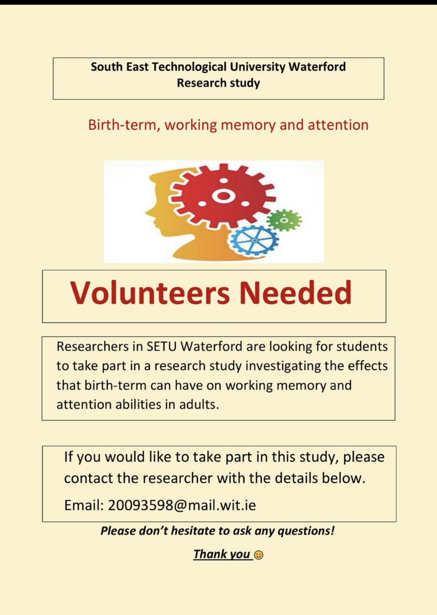 SETUpsychsoc's tweet photo. SETU Waterford Students!!! If you are interested in participating in a thesis study, there are participants needed for a study. Contact info on graphic- https://t.co/SXsMmdQIEV