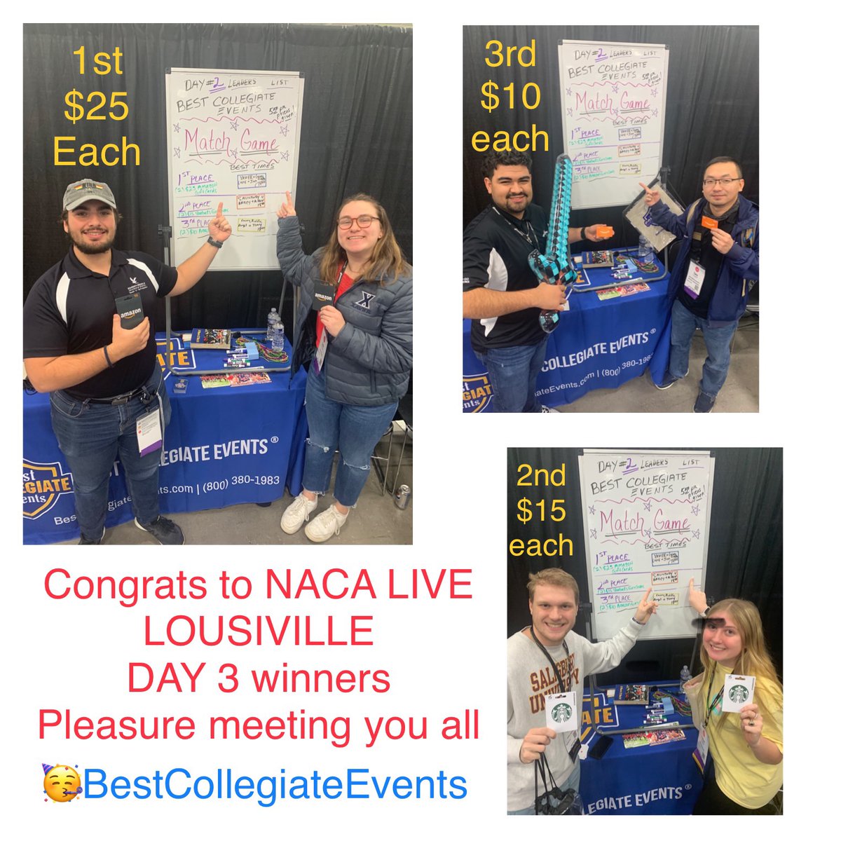 BestCollegiate's tweet image. Thanks to all the @THENACA members who came by our booth at #NACALive to meet us and play our #CardMatch challenge! We so enjoyed meeting you all, and congratulations to the Card Match winners!

Until the next time, NACA!

#NACALive #CampusActivities