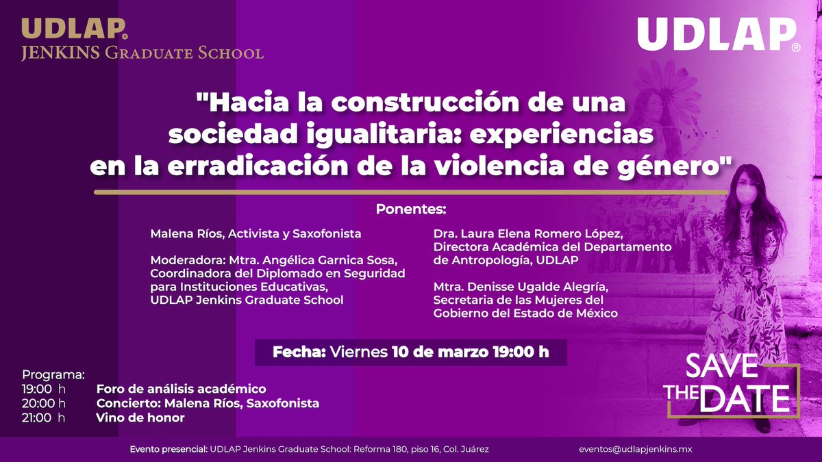 udlapJenkinsgs's tweet photo. 📌Para conmemorar el Día Internacional de la Mujer, la UDLAP Jenkins Graduate School presenta el evento académico-cultural: "Hacia la construcción de una sociedad igualitaria: experiencias en la erradicación de la violencia de género"♀️ ♂️ 
¡Pronto más información!
#orgulloUJGS https://t.co/gZYfbFnPVJ