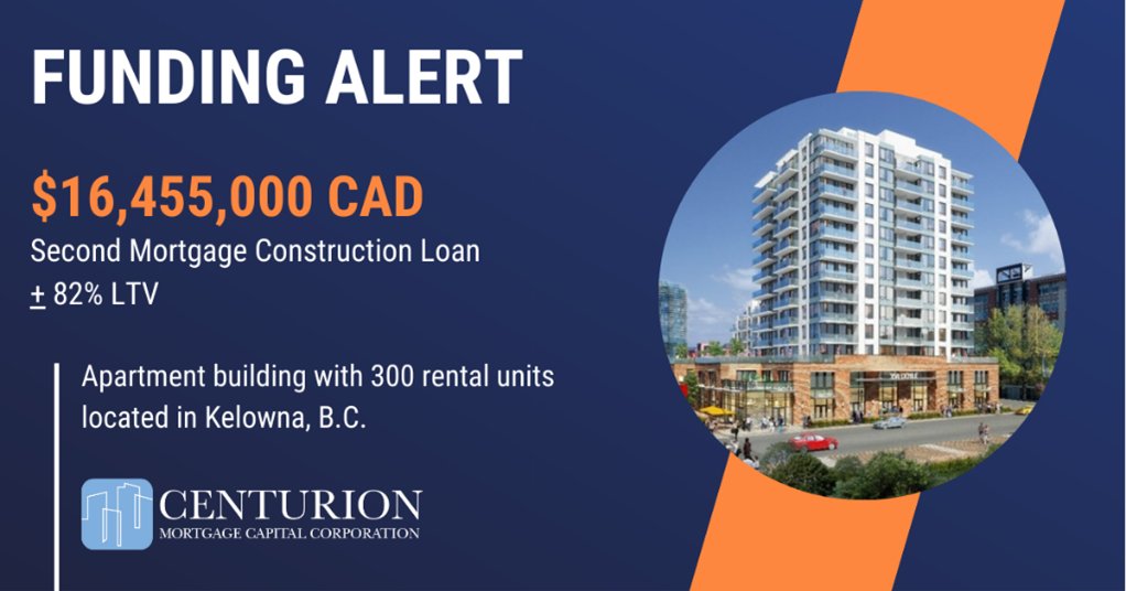 InvestCenturion's tweet photo. Centurion provided a $16,455,000 second mortgage construction loan to an apartment building development in Kelowna in addition to equity capital to assist with the development.

Learn about the ways we provide for customers with diverse financing needs at https://t.co/rAFHAelWun https://t.co/H8Yt1gALKf