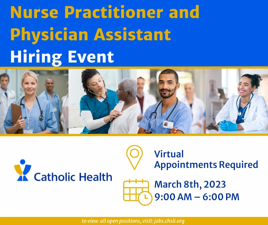 CHS_LI's tweet photo. Join Catholic Health for our virtual #NursePractitioner and #PhysiciansAssistant Hiring Event on March 8th. #CatholicHealthLI is hiring full-time, part-time and per diem with day, evening &amp; night shifts available.

To book a time slot, visit: https://t.co/PVqwY6K7rf https://t.co/Tt1FmjzmRo