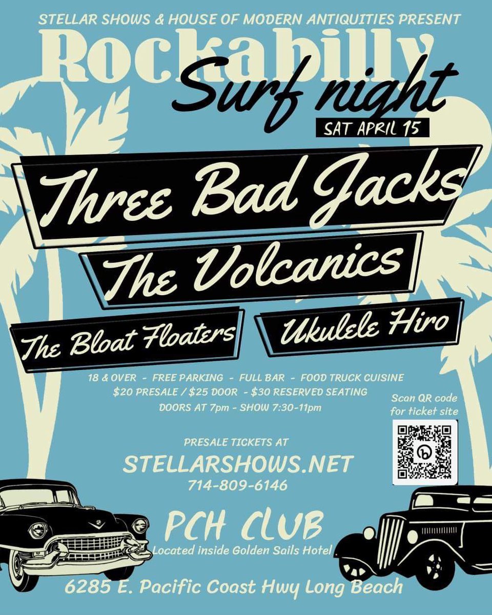 BloatFloaters's tweet photo. Coming in April! Stellar Shows and Concerts & House of Modern Antiquities presents: Rockabilly Surf Night, W/ Three Bad Jacks, The Volcanics, The Bloat Floaters, and Ukulele Hiro! Definitely a show you don’t want to miss! 🎸 🏄♂️ #Surf #Rockabilly #PCH #LongBeach #Music #LiveShows https://t.co/9mdbf35gzp