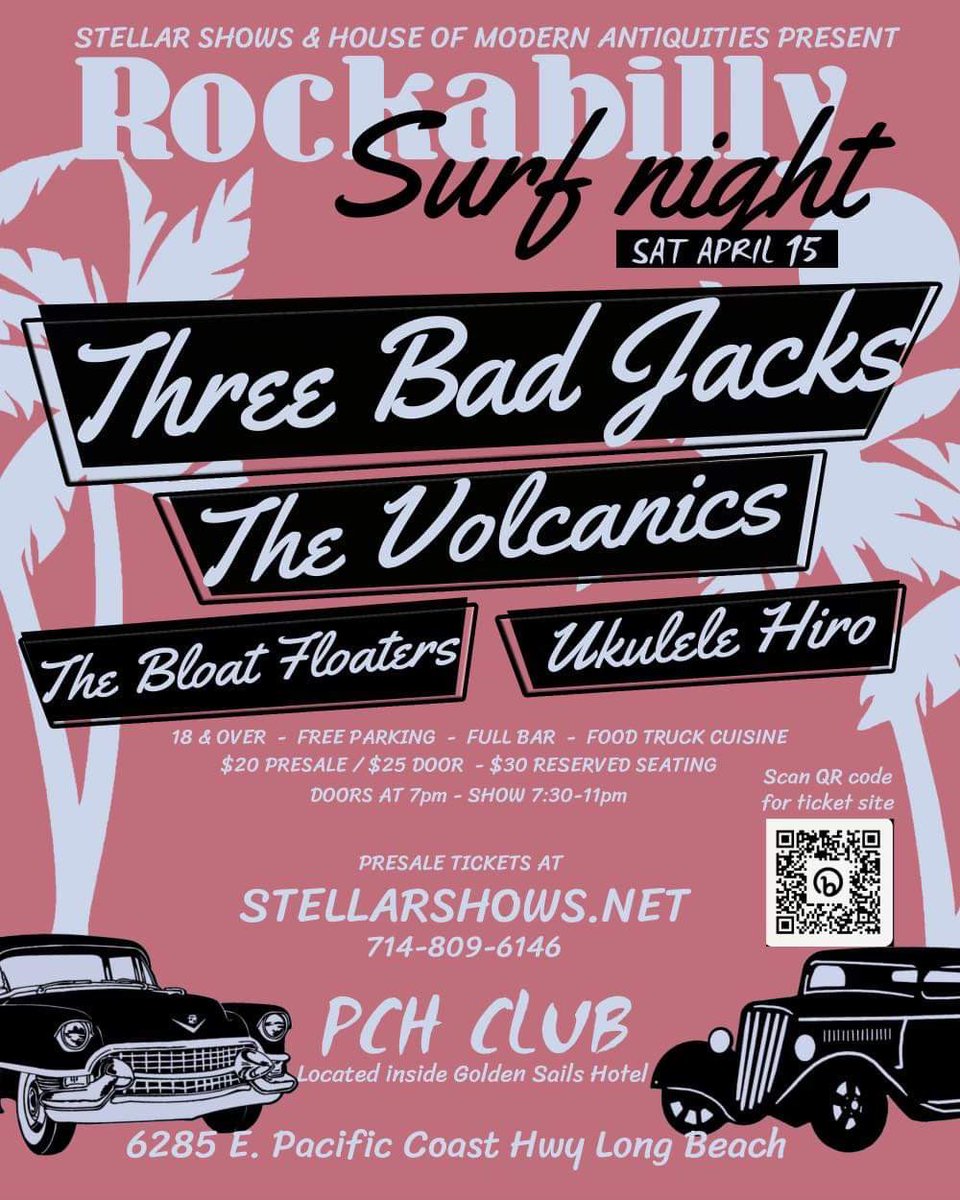 BloatFloaters's tweet photo. Coming in April! Stellar Shows and Concerts & House of Modern Antiquities presents: Rockabilly Surf Night, W/ Three Bad Jacks, The Volcanics, The Bloat Floaters, and Ukulele Hiro! Definitely a show you don’t want to miss! 🎸 🏄♂️ #Surf #Rockabilly #PCH #LongBeach #Music #LiveShows https://t.co/9mdbf35gzp