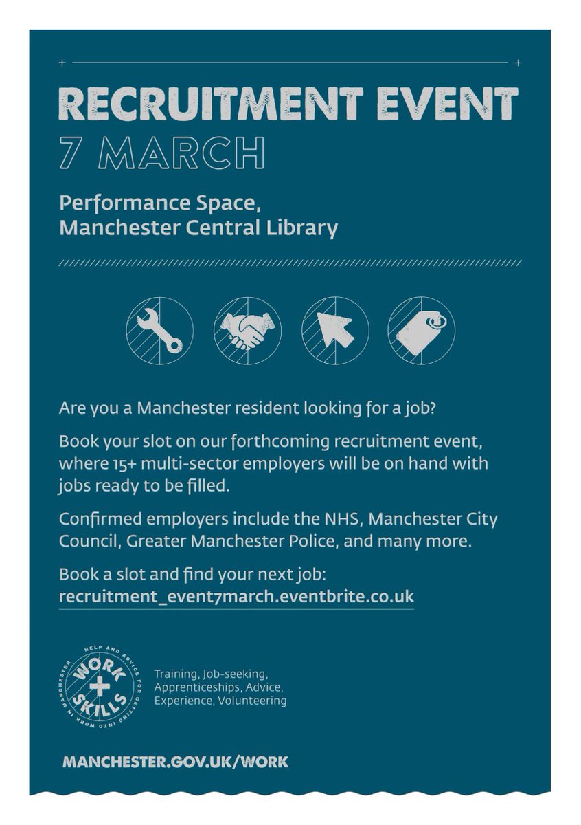 wythenshawe_chg's tweet image. Are you looking for a job or know someone that is? Work and Skills are holding a recruitment event on Tuesday 7 March 2023, 10am to 1pm.

There are some fantastic opportunities available. 

Click to register: bit.ly/workandskillse… 

#jobsmanchester #recruitment #wythenshawe