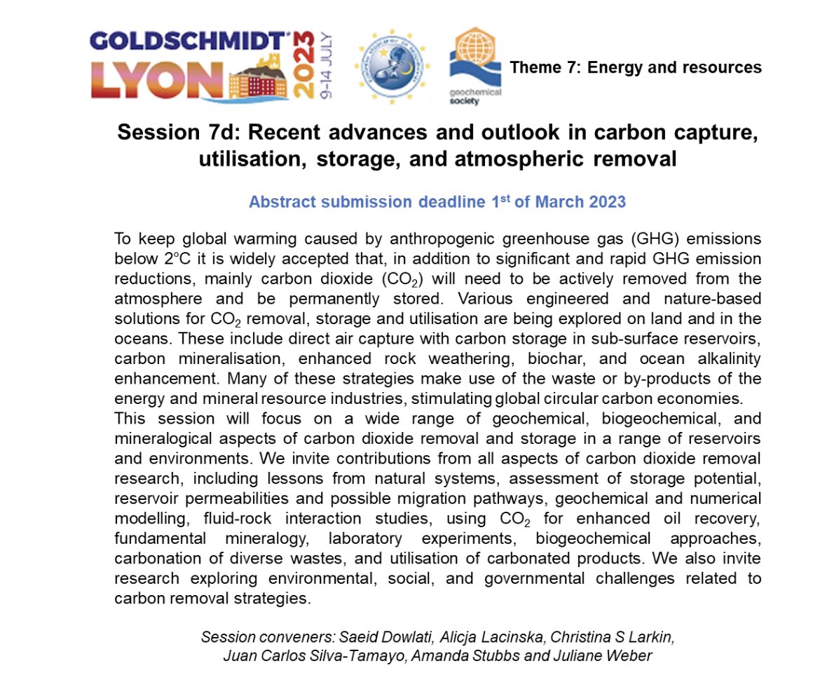 Only one week left to submit your abstracts for @goldschmidt2023! If you’re interested in sharing your research in carbon capture, utilisation, and storage, make sure you submit an abstract by next Wednesday March 1st at 23:59 CET! We look forward to a great week of science!