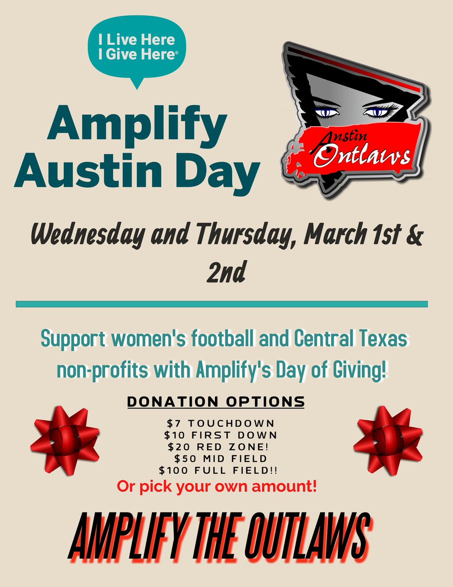 Austin_Outlaws's tweet photo. Next week is Amplify Austin Day and The Outlaws need your support. Visit 
https://t.co/pE0YbFNUEw to make a donation for the biggest giving event in Central Texas! #austinoutlawsfootball #wfafootball #wfastrong #roadtocanton https://t.co/cDyzLDypb9