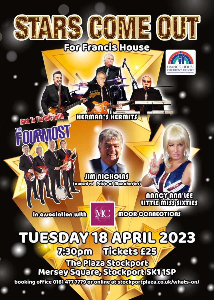 Tickets still available for this super night of nostalgia @StockportPlaza1 in aid of @FrancisHouseCH. #Manchesters own, @hermanshermits1. @MikeReadUK @SwannyMediaMan @davesweetmore @RnRUnravelled @RnRbacktheyears @BBCRadioManc @chunkygeoff @GreatBritishHit @alloldiesradio Pls RT