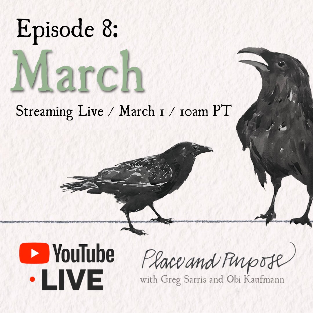 The March episode of Place and Purpose is one week away! Join us live for a soulful conversation between Greg Sarris and Obi Kaufmann about California, nature, and our place within it.

Subscribe at youtube.com/@placeandpurpo… with notifications on to be alerted when we're live!