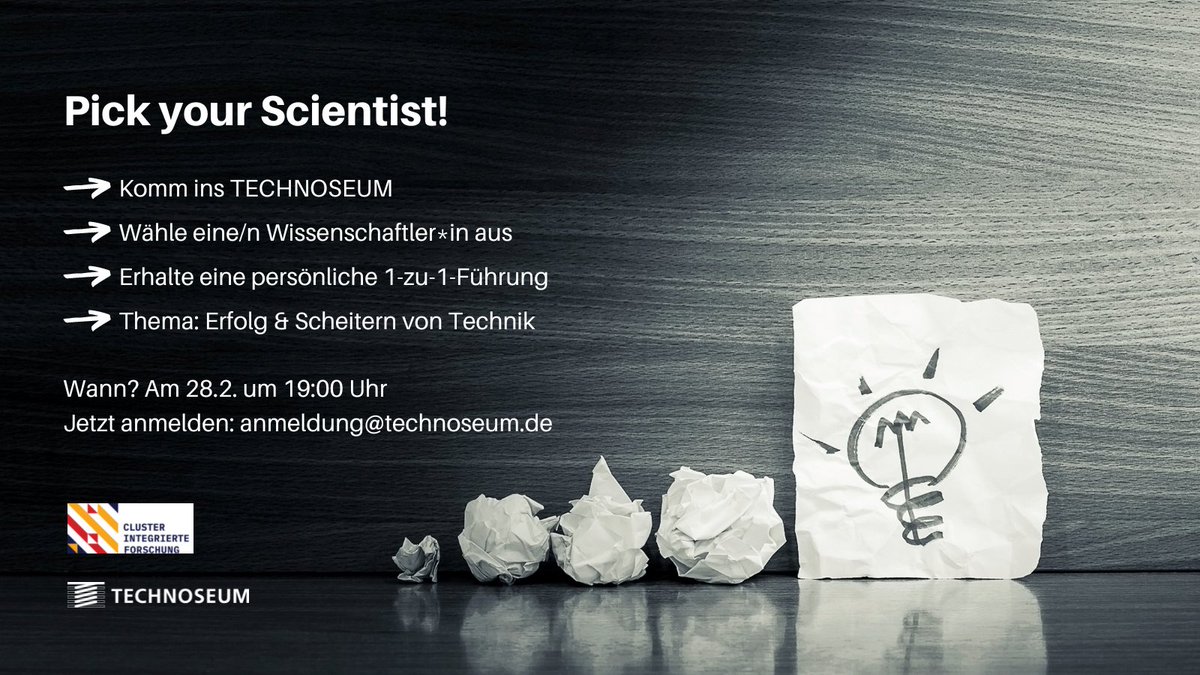 TECHNOSEUM's tweet photo. Pick your Scientist! Exklusive 1-zu-1-Führungen im TECHNOSEUM. Thema: Erfolg &amp; Scheitern von Technik - was gehört ins Museum?
Kooperation mit dem @IF_Forschung
Wann? 28.2., 19:00 Uhr
Kostenfrei!
Anmeldung bis 27.2.: anmeldung@technoseum.de
Infos: https://t.co/ZZi2zpcKJn https://t.co/AHjrkfgDkr