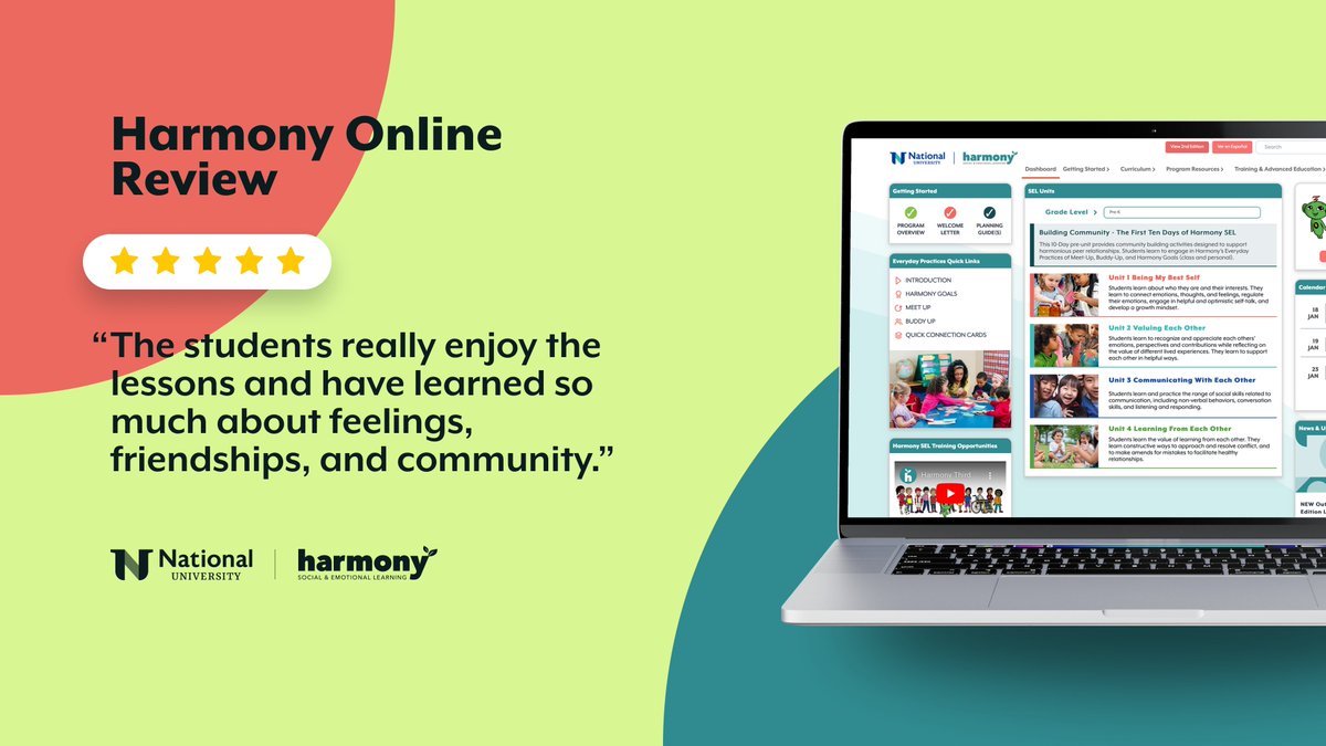 sanfordharmony's tweet photo. We enjoy hearing feedback from our Harmony SEL Online Portal users, especially when it’s as positive as this! ❤️ Have you shared what you love about Harmony? #SELEducators #FiveStarRatings https://t.co/MZKqcZGsso