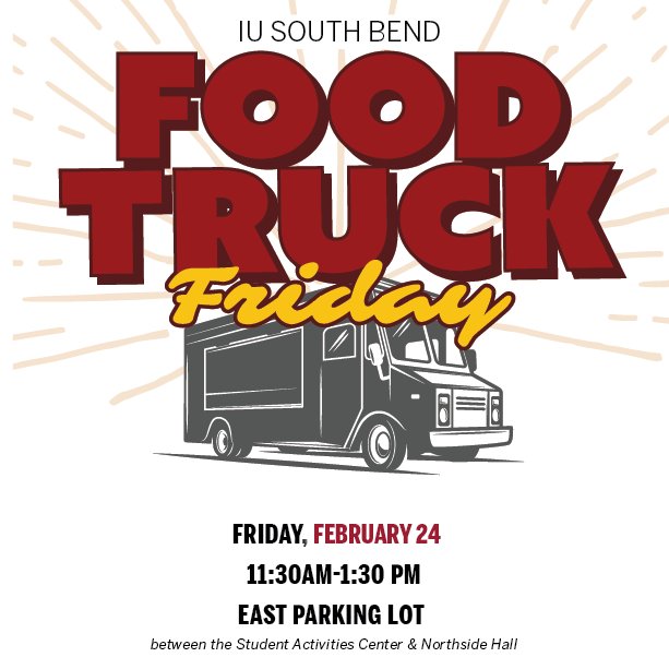 IUSouthBend's tweet photo. Join IUSB for Food Truck Friday! Friday 2/24, we will be joined by @TacosFranky Food Truck from 11:30AM – 1:30PM in the east parking lot (near Greenlawn). Stop by to pick up some lunch and share some good times with fellow Titans! https://t.co/BNEknFozYz