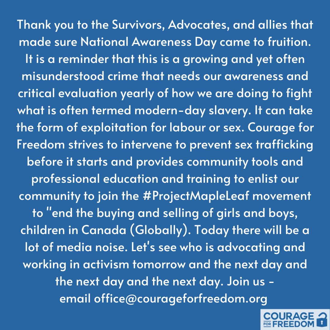 Courage for Freedom (@officialc4f) on Twitter photo Thank you to the Survivors, Advocates, and allies that made sure National Awareness Day came to fruition. Let's see who is advocating and working in activism tomorrow and the next day and the next day and the next day. Join us email office@courageforfreedom.org
#ProjectMapleLeaf Thank you to the Survivors, Advocates, and allies that made sure National Awareness Day came to fruition. Let's see who is advocating and working in activism tomorrow and the next day and the next day and the next day. Join us email office@courageforfreedom.org
#ProjectMapleLeaf