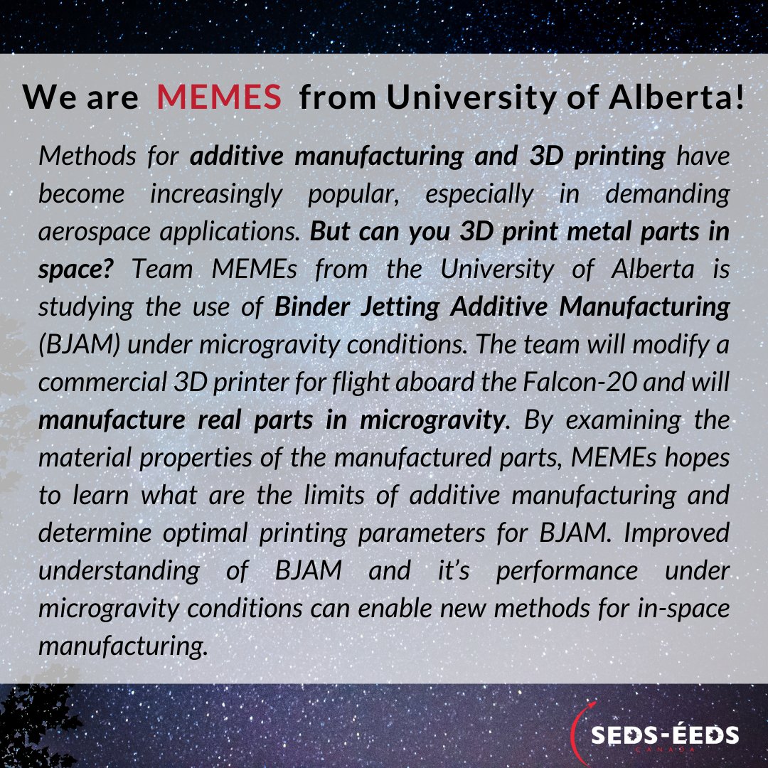 sedscanada's tweet photo. Today, we are featuring team MEMES from @UAlberta, one of the teams that is set to fly their experiment in microgravity onboard the  Falcon 20. @NRC_CNRC @csa_asc #CANRGX #cndspace https://t.co/ThDuXyZoEg
