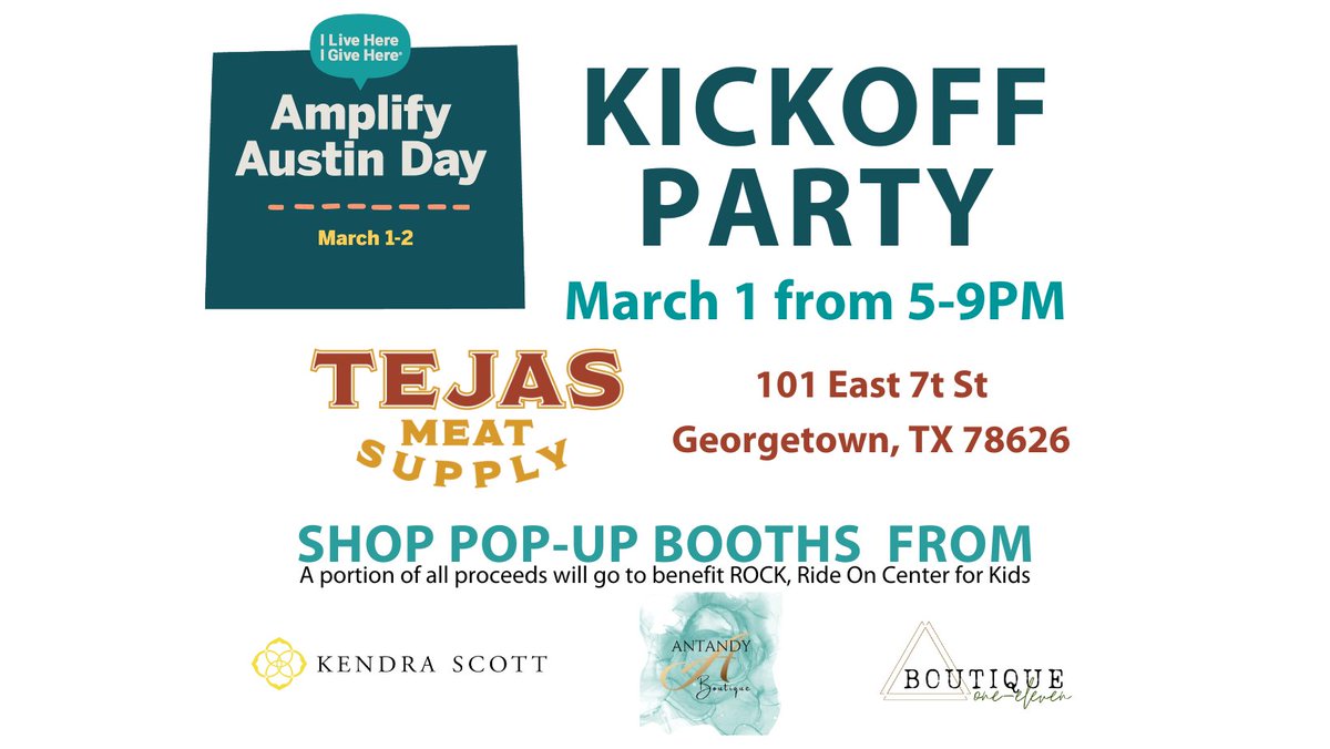 ROCKRideOn's tweet photo. ROCK's Amplify Austin Day Kickoff Party is just days away! Join us at Tejas Meat Supply (101 E 7th St, Georgetown, TX) from 5-9 PM on March 1st for a night of drinks, food, and local giving. Can't make it? Donate here: https://t.co/JtIJ2PNZoC #AmplifyAustin #ILiveHereIGiveHere https://t.co/K6RKuwKK1B