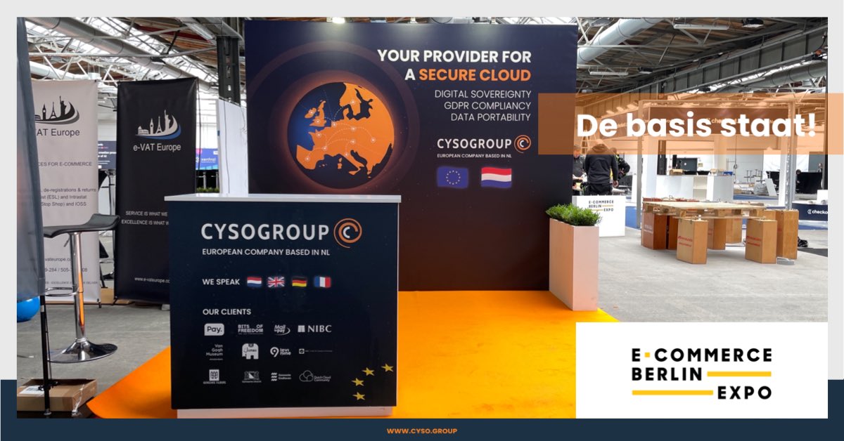 cysogroup's tweet photo. We arrived this afternoon en checked our stand at E-Commerce Berlin EXPO first. Tomorrow we will tell the attendees all about our Secure EU Cloud, Managed Security services and 100% Delivery of transactional Email. S
#cloud #security #ebe23 https://t.co/tThUy6YTEW