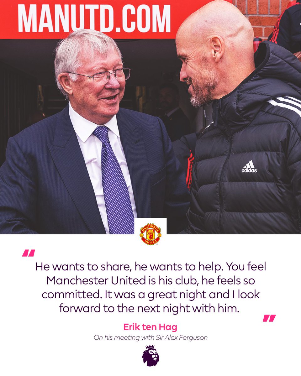 premierleague's tweet photo. Erik ten Hag 🤝 Sir Alex Ferguson https://t.co/XhreDPBzTl
