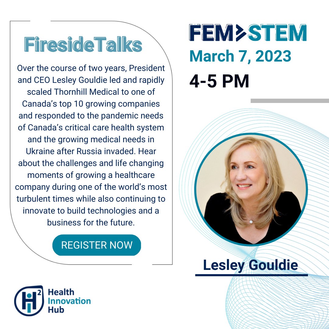 Join us March 7th for our final Fireside at FemSTEM of 2023! Taking place as part of <a href="/UofTStartup/">University of Toronto Entrepreneurship</a>'s #UofTEntWeek, we'll be joined by Lesley Gouldie, President &amp; CEO of <a href="/Thornhill_Med/">ThornhillMedical</a>. 

Register now: bit.ly/3I6B5qS