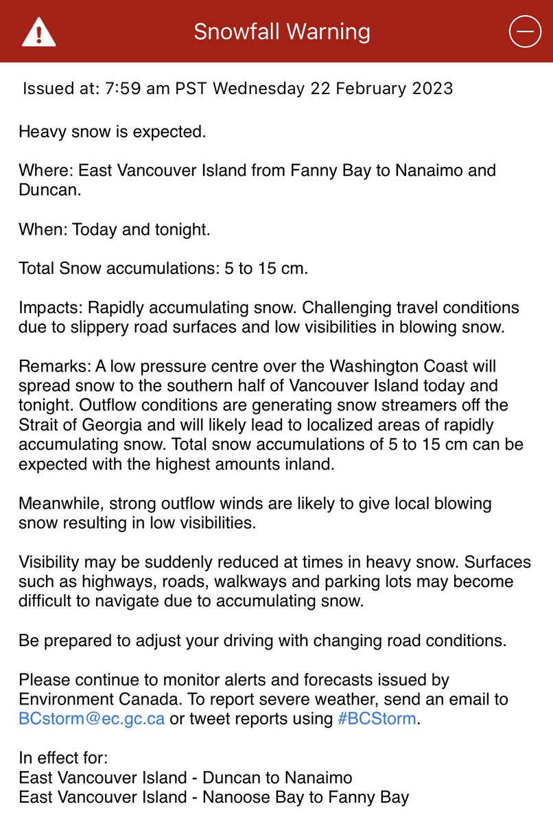 tessvanstraaten's tweet photo. ⚠️ SNOWFALL WARNING ⚠️ 
Just issued for East #VancouverIsland including Duncan #Cowichan #YCD #Nanoose #Parksville #Qualicum to #FannyBay with 5 to 15 cm expected today and tonight.  ❄️ ⛄️ ❄️
@CHEK_News @CHEK_media #BCsnow #BCstorm #weather #snow #ycdwx https://t.co/LYzs8WxSqr