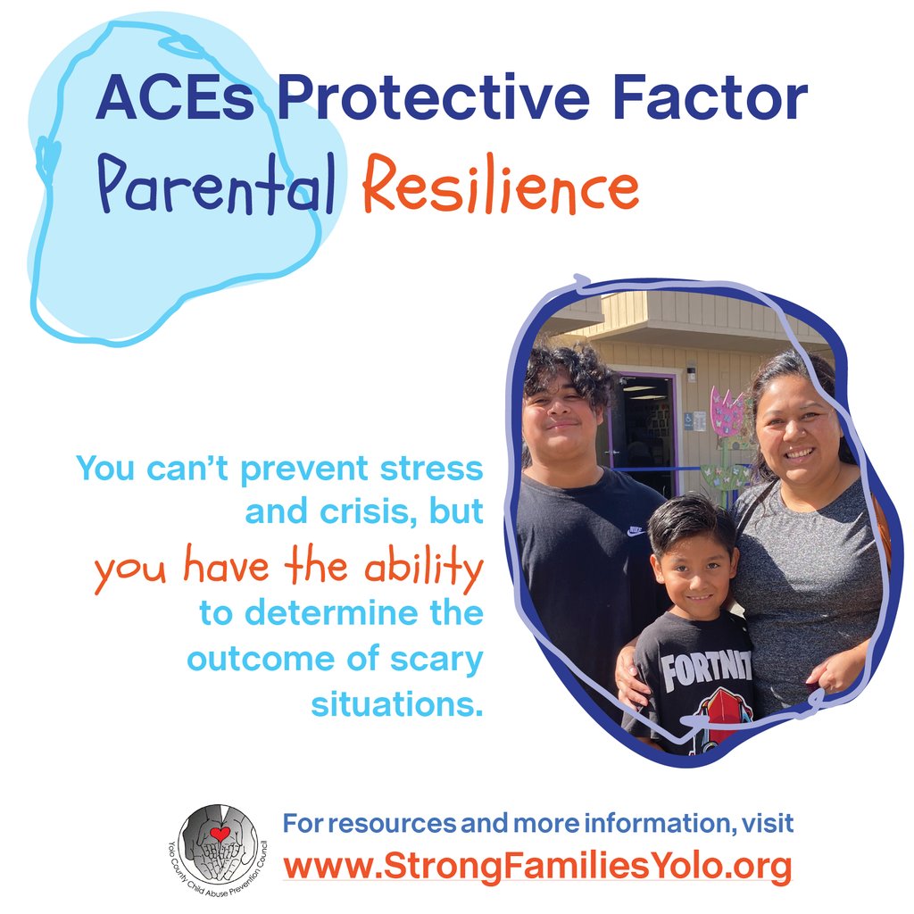 ACEs Awareness Protective Factor: Parental Resilience  

For tools on how to handle and respond to crisis and stressors in the home while deescalating the situation: strongfamiliesyolo.org/parents  
 
#PreventACEs #StrongFamiliesYolo #EndChildAbuseYolo #ProtectiveFactoroftheMonth