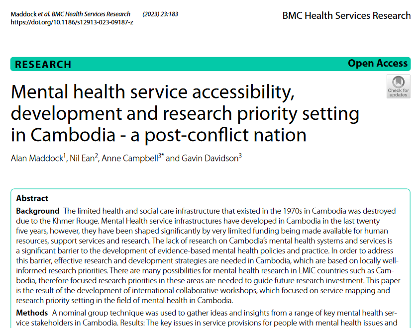 AlanMaddock1's tweet photo. Delighted to have our open access paper out, which explores #mentalhealth service accessibility, potential service developments and what the key #research  priorities for #mentalhealth #policy and #Practice  and Cambodia could be @AnniecampbellA @GavinDavidson70  @UCDSocialPWJ https://t.co/JGVfKVfc8w