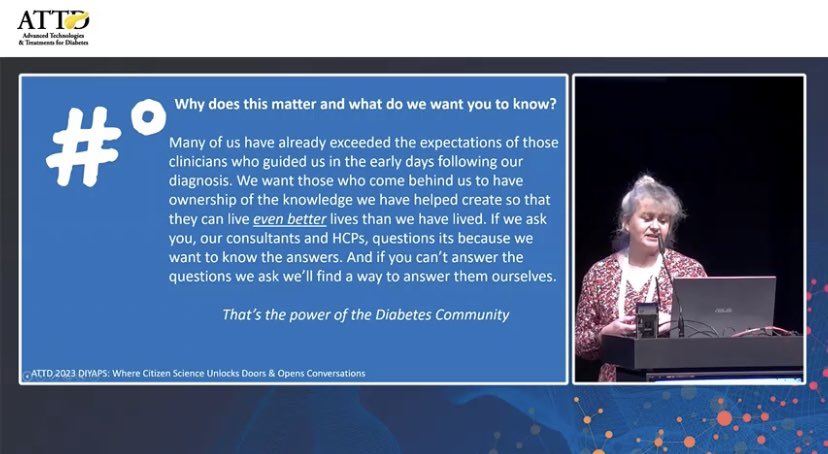 #ATTD2023 #dedoc 
Such a powerful talk from the fabulous <a href="/Moodwife/">Dawnie</a> 
‘People living with diabetes are: Curious, Observant, Interested, Invested, Here for the long game’ 

PWD want to have these conversations with HCPs, we want to voice our questions and help HCPs answer theirs.