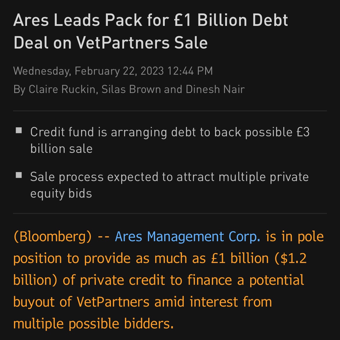 Ares Leads Pack for £1 Billion Debt Deal on VetPartners Sale

On @TheTerminal