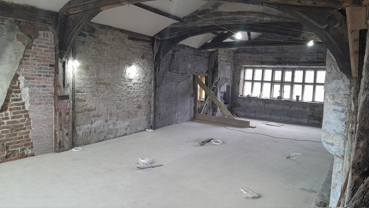 LandmarkHistory's tweet photo. To #CalverleyOldHall today, first time in 3 months. What a transformation! The early hall block now has a floor - amazing to step in at first floor level, as if from the lost solar range. The ceiling is done, insulated &amp; lime plastered....1/2 https://t.co/2IpVzk3LCU