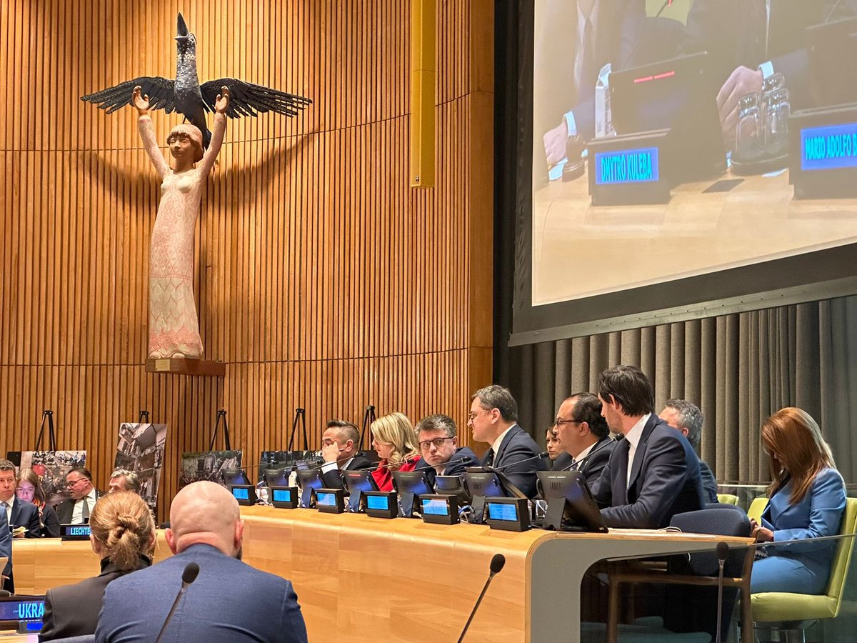 DmytroKuleba's tweet photo. We gathered 45 states for a high-level UN event on human rights violations during Russian aggression. One more step toward Special tribunal for the crime of aggression against Ukraine. I also urged the world to join forces to return Ukrainian children forcibly deported by Russia. https://t.co/lxYVBeANcc