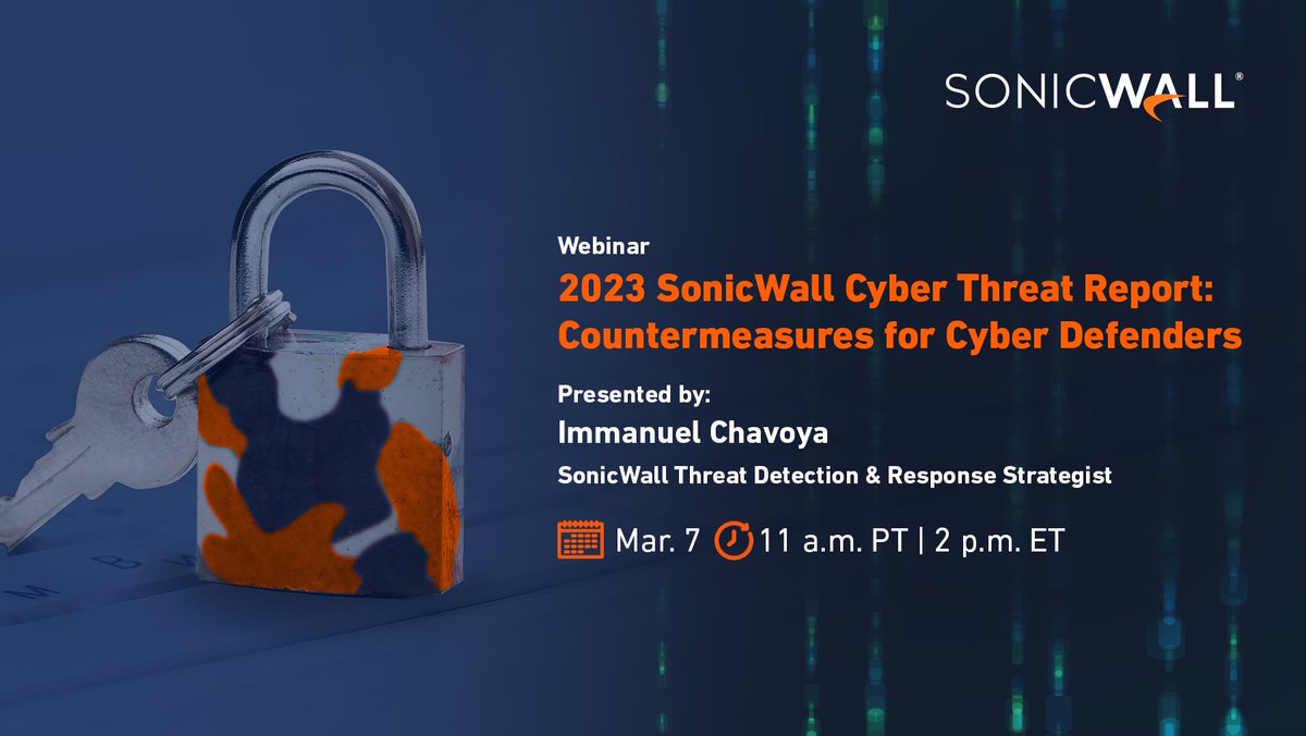 SonicWall's tweet photo. Get the actionable cyber threat intelligence needed to adapt to the evolving tactics of bad actors. Join SonicWall #cybersecurity expert @FullM3talpacket for an insider's look at the exclusive findings from the 2023 SonicWall Cyber Threat Report. https://t.co/h1JzICFVmf https://t.co/a1TlG4Y82G