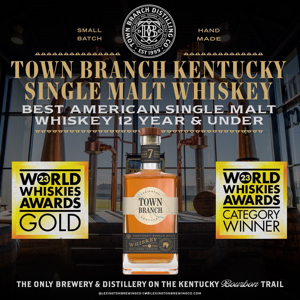 TownBranchKy's tweet photo. Honored to have our Town Branch 7 year old Kentucky Single Malt Whiskey selected as the America’s Best Small Batch Single Malt 12 Years &amp; Under. https://t.co/CvxtO0cH4S