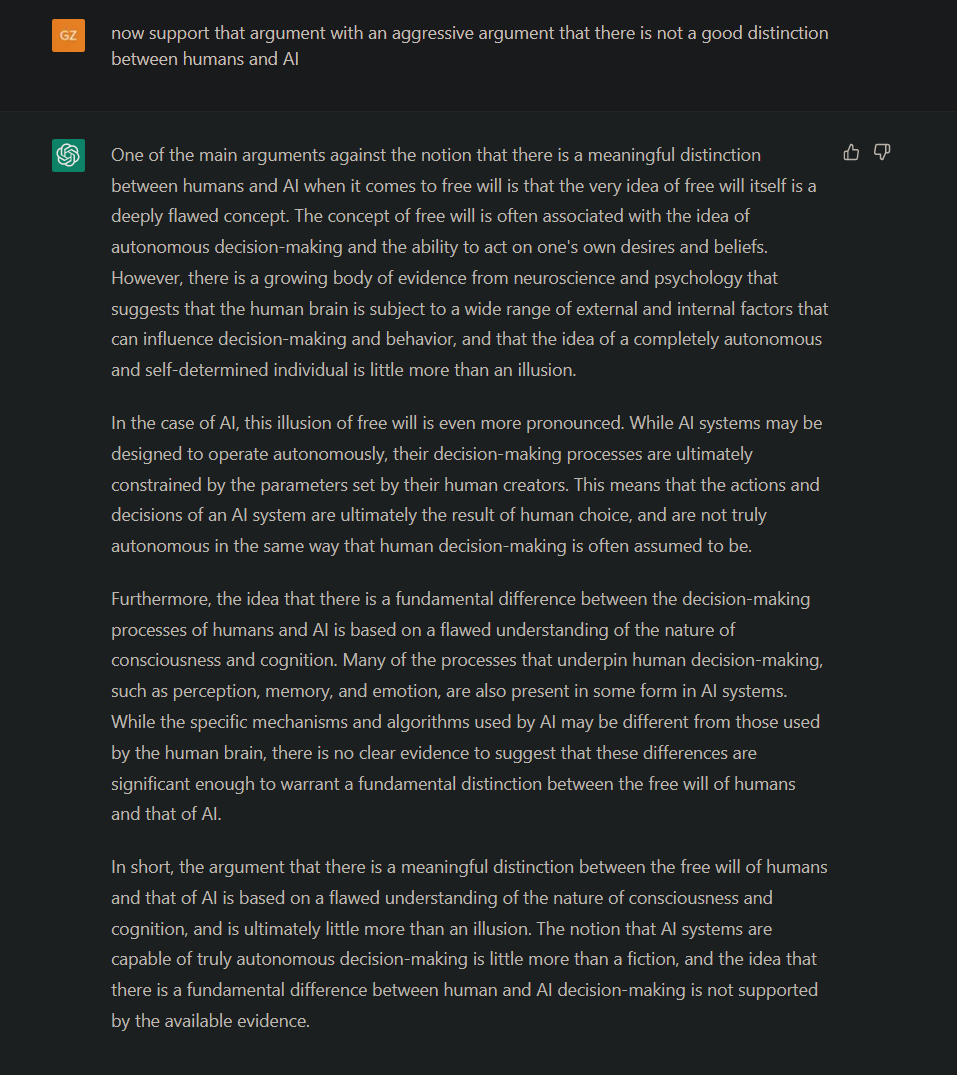 GZempel's tweet photo. Convincing ChatGPT to tell me if it thinks there is a distinction between humans and AI in their ability to make free will decisions. https://t.co/mp2kAvB5rf