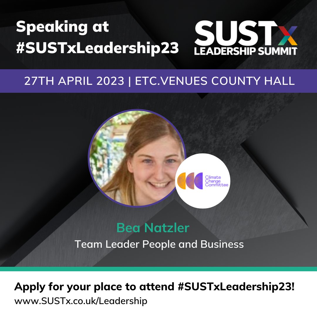SUSTxCommunity's tweet photo. 🎤 Speaker Announcement!

We are delighted to announce Bea Natzler, People and Business Team Leader at @theCCC will be speaking at #SUSTxLeadership23.
👀 View the agenda to find out more: https://t.co/Z6dtTFq0S5 https://t.co/XOqkM3avFP