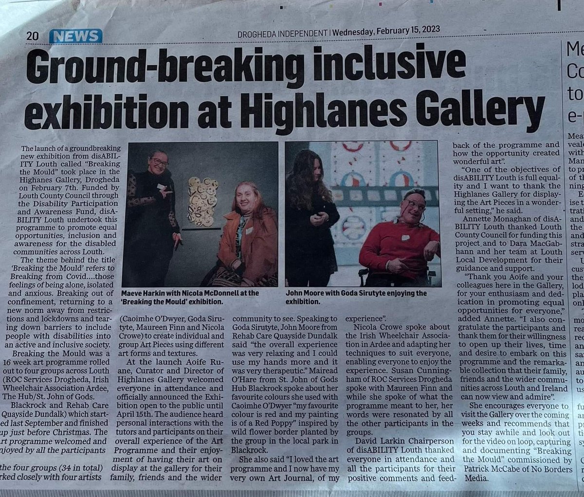 DisabilityLouth's tweet photo. Thank you to Alison Comyn  for the recent Drogheda Independent article about'Breaking the Mould' in Highlanes Gallery, open until April 15th.   
 https://t.co/VU7BAZq0kr to read the in full.  

 #OneVoiceForAll
@louthcoco
@LouthLocalDev 
@Highlanes 
@Love_Drogheda
@drogindo https://t.co/BVmkZsn79A