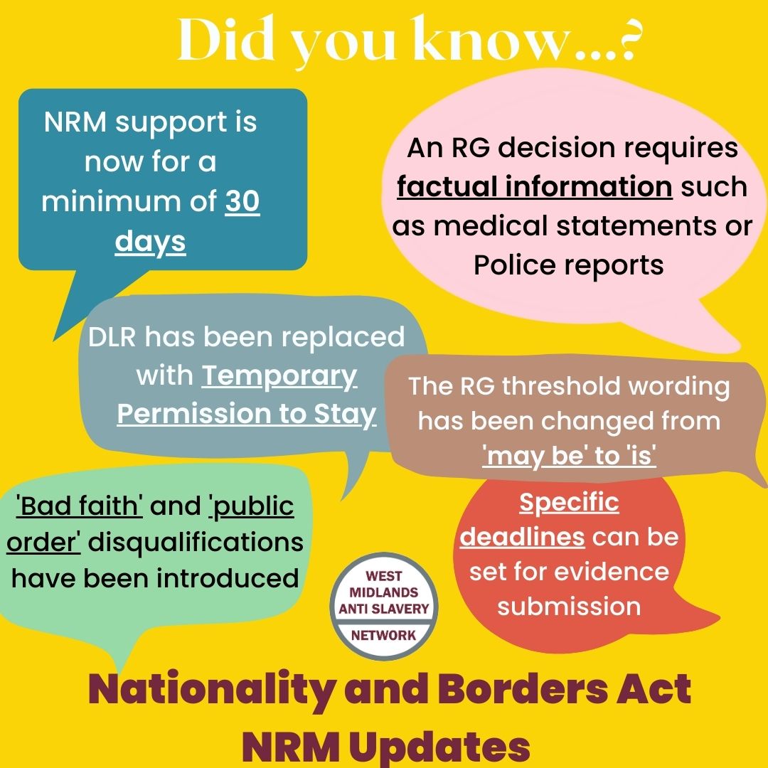 Nationality and Borders Act- NRM Updates 2023 As of 30/01/23, The Modern Slavery Statutory Guidance for England and Wales has been updated to reflect many of the changes introduced in the Nationality and Borders Act. For more information please visit: gov.uk/government/pub…