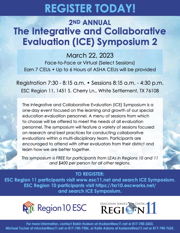 ESC Region 11 SpEd Rocks (@esc11spedrocks) on Twitter photo Join us <a href="/ESCRegion11/">ESC Region 11</a> on March 22 for the 2nd annual ICE (Integrated and Collaborative Evaluation) symposium to continue to grow special education evaluation personnel.
Register here: registration.esc11.net/catalog/sessio… Join us <a href="/ESCRegion11/">ESC Region 11</a> on March 22 for the 2nd annual ICE (Integrated and Collaborative Evaluation) symposium to continue to grow special education evaluation personnel.
Register here: registration.esc11.net/catalog/sessio…